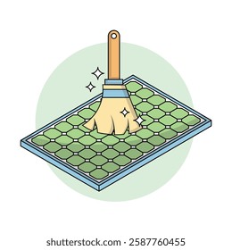 Solar Panel Cleaning Icon: Depicts a broom sweeping a solar panel with sparkles, symbolizing cleanliness and efficiency. Ideal for themes of renewable energy maintenance and green technology.