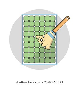 Solar Panel Cleaning Icon: A rectangular solar panel with green cells being swept clean by a blue-bristled brush, symbolizing maintenance for optimal energy efficiency in renewable energy systems.