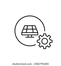 Solar panel, cogwheel and circle. Renewable energy engineering, green innovation, sustainable power systems. Pixel perfect vector icon