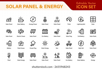 Solar panel color icon set with sun power photovoltaic (PV) home system and renewable electric energy technology glyph symbols: off the grid (OTG), inverter, charge controller, battery, meter.