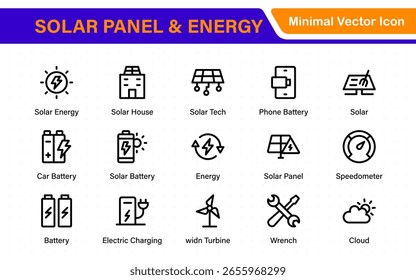 Conjunto de iconos de color del panel solar con sistema doméstico fotovoltaico (PV) de energía solar y símbolos de glifo de tecnología de energía eléctrica renovable: fuera de la red (OTG), inversor, controlador de Recargo, batería, medidor.