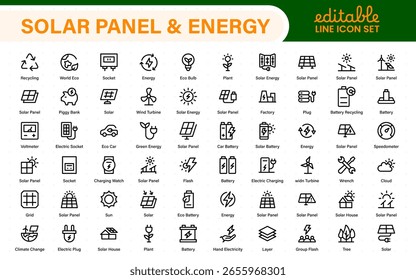 Conjunto de iconos de color del panel solar con sistema doméstico fotovoltaico (PV) de energía solar y símbolos de glifo de tecnología de energía eléctrica renovable: fuera de la red (OTG), inversor, controlador de Recargo, batería, medidor.