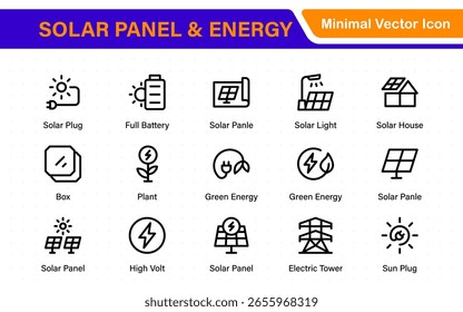 Solar panel color icon set with sun power photovoltaic (PV) home system and renewable electric energy technology glyph symbols: off the grid (OTG), inverter, charge controller, battery, meter.