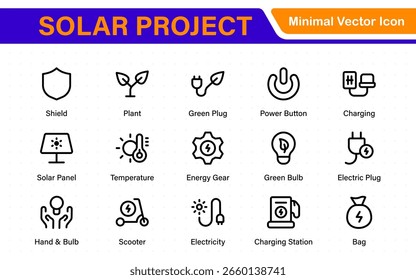 Solar panel color icon set with sun power photovoltaic (PV) home system and renewable electric energy technology glyph symbols: off the grid (OTG), inverter, charge controller, battery, meter.