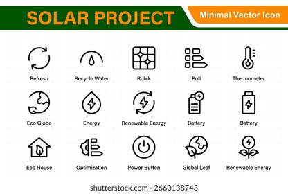 Sonnenkollektor-Farbsymbolsatz mit Fotovoltaik-Heimsystem und Symbolen für erneuerbare Elektroenergietechnik: vom Netz (OTG), Wechselrichter, Laderegler, Batterie, Zähler.
