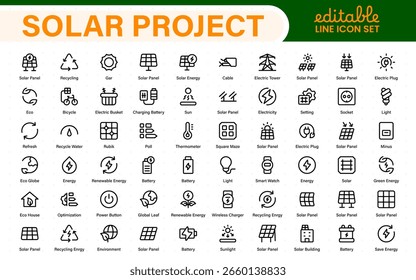 Solar panel color icon set with sun power photovoltaic (PV) home system and renewable electric energy technology glyph symbols: off the grid (OTG), inverter, charge controller, battery, meter.