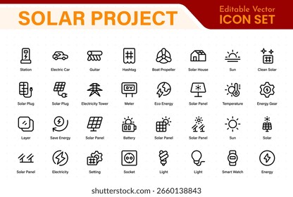 Sonnenkollektor-Farbsymbolsatz mit Fotovoltaik-Heimsystem und Symbolen für erneuerbare Elektroenergietechnik: vom Netz (OTG), Wechselrichter, Laderegler, Batterie, Zähler.