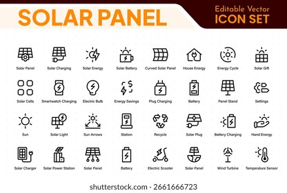 Ícone de cor do painel solar definido com sistema doméstico fotovoltaico (PV) de energia solar e símbolos de glifos de tecnologia de energia elétrica renovável: fora da rede (OTG), inversor, controlador de carga, bateria, medidor.