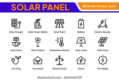 Sonnenkollektor-Farbsymbolsatz mit Fotovoltaik-Heimsystem und Symbolen für erneuerbare Elektroenergietechnik: vom Netz (OTG), Wechselrichter, Laderegler, Batterie, Zähler.