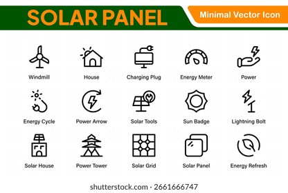 Solar panel color icon set with sun power photovoltaic (PV) home system and renewable electric energy technology glyph symbols: off the grid (OTG), inverter, charge controller, battery, meter.