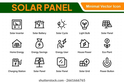 Sonnenkollektor-Farbsymbolsatz mit Fotovoltaik-Heimsystem und Symbolen für erneuerbare Elektroenergietechnik: vom Netz (OTG), Wechselrichter, Laderegler, Batterie, Zähler.