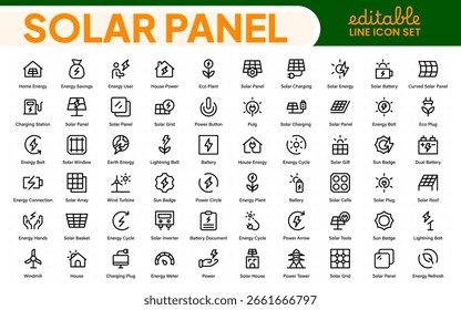 Conjunto de iconos de color del panel solar con sistema doméstico fotovoltaico (PV) de energía solar y símbolos de glifo de tecnología de energía eléctrica renovable: fuera de la red (OTG), inversor, controlador de Recargo, batería, medidor.
