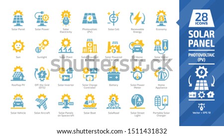 Solar panel color icon set with sun power photovoltaic (PV) home system and renewable electric energy technology glyph symbols: off the grid (OTG), inverter, charge controller, battery, meter.