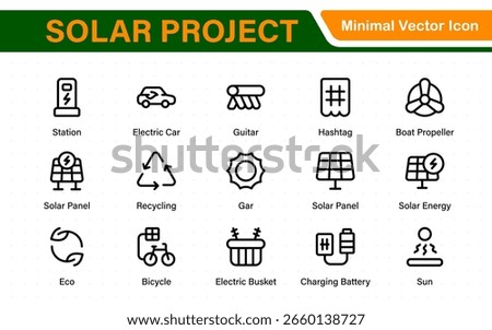 Solar panel color icon set with sun power photovoltaic (PV) home system and renewable electric energy technology glyph symbols: off the grid (OTG), inverter, charge controller, battery, meter.