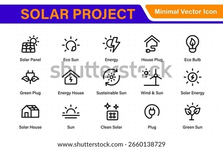 Solar panel color icon set with sun power photovoltaic (PV) home system and renewable electric energy technology glyph symbols: off the grid (OTG), inverter, charge controller, battery, meter.