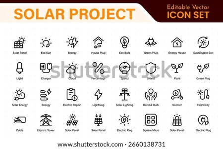 Solar panel color icon set with sun power photovoltaic (PV) home system and renewable electric energy technology glyph symbols: off the grid (OTG), inverter, charge controller, battery, meter.