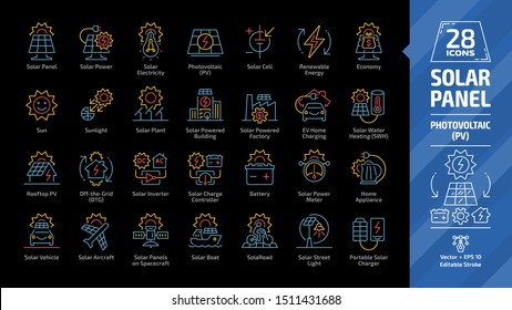 Solar panel color outline icon set in dark mode with sun power photovoltaic (PV) home system and renewable electric energy tech editable stroke line signs: rooftop, off the grid (OTG), inverter.