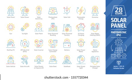 Solar Panel Color Outline Icon Set With Sun Power Photovoltaic (PV) Home System And Renewable Electric Energy Tech Editable Stroke Line Signs: Charge Controller, Battery, Meter, Appliance, Vehicle.