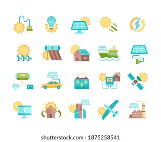 Solar panel colored icon set. Sun power photovoltaic PV home system and renewable electric energy technology editable stroke line signs house, cell, battery, vehicle, aircraft and spacecraft, ship