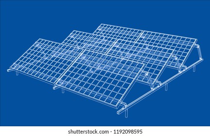 Solar Panel Concept. Vector rendering of 3d. Wire-frame style. The layers of visible and invisible lines are separated