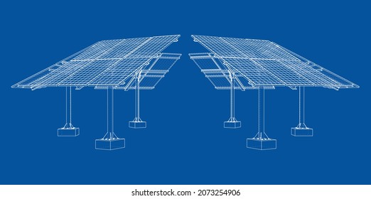 Solar Panel Concept. Vector rendering of 3d. Wire-frame style. The layers of visible and invisible lines are separated