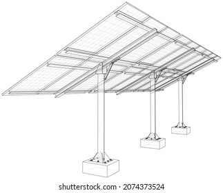 Solar Panel Concept. Vector rendering of 3d. Wire-frame style. The layers of visible and invisible lines are separated