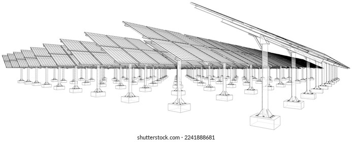 Solar Panel Concept. Vector rendering of 3d. Wire-frame style. The layers of visible and invisible lines are separated