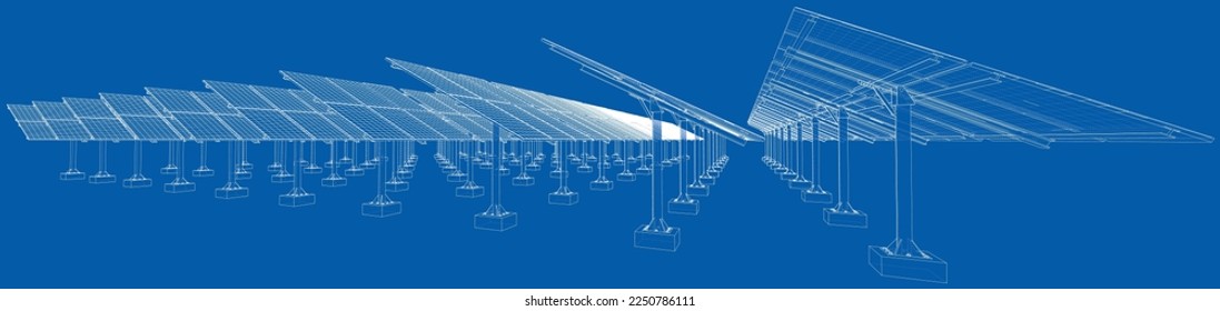 Solar Panel Concept. Vector rendering of 3d. Wire-frame style. The layers of visible and invisible lines are separated