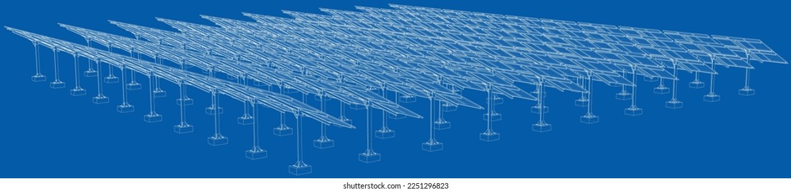 Solar Panel Concept. Vector rendering of 3d. Wire-frame style. The layers of visible and invisible lines are separated
