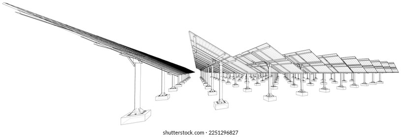 Solar Panel Concept. Vector rendering of 3d. Wire-frame style. The layers of visible and invisible lines are separated