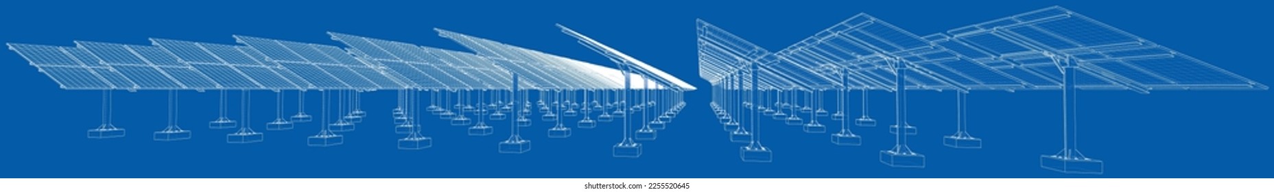 Solar Panel Concept. Vector rendering of 3d. Wire-frame style. The layers of visible and invisible lines are separated