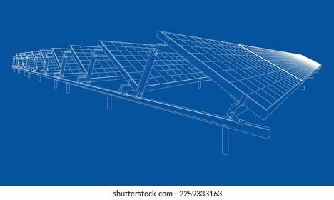 Solar Panel Concept. Vector rendering of 3d. Wire-frame style. The layers of visible and invisible lines are separated