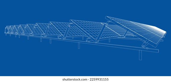 Solar Panel Concept. Vector rendering of 3d. Wire-frame style. The layers of visible and invisible lines are separated