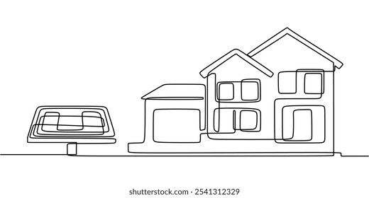 Solar panel connected to house in continuous one line drawing. Go green energy concept emphasizing clean and sustainable power.