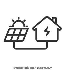 Solar panel connected to the house line vector icon isolated on white background. House powered by a solar panel outline stock icon for web and ui design. Eco friendly alternative energy concept.