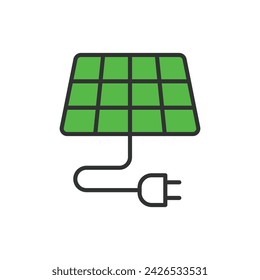 Icono de conexión de panel solar en diseño de línea verde. Solar, panel, conexión, conexión, alambre, energía, electricidad aislada en vector de fondo blanco. Panel solar que conecta el icono de trazo editable.