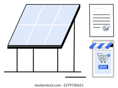 A solar panel with a contract document and a mobile screen displaying a shopping cart and a buy button. Ideal for renewable energy, e-commerce, environmental sustainability, online shopping