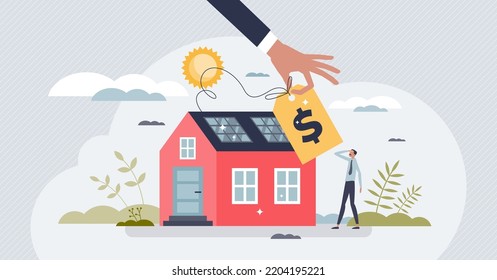 Solar panel cost or expensive alternative energy project tiny person concept. Money saving with renewable power installation investment vector illustration. Lease payment for sustainable house upgrade