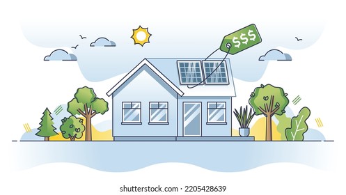 Solar panel cost as roof with alternative sun electricity outline concept. Panel installation expenses as investment ir future renewable power vector illustration. Financial research for modern home.