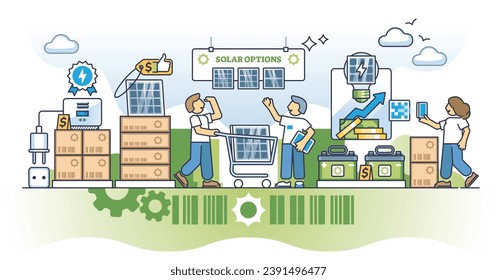 Solar panel costs and green energy kit price calculation outline concept. Buy battery, inverter and sun panels with best financial offers in shop vector illustration. Use alternative power for home.