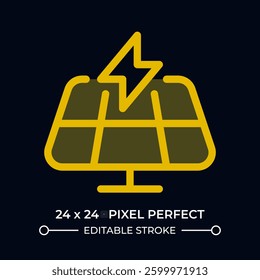 Solar panel dark color ui icon. Electricity generation from sun power. Sustainable energy source. Sun light. Vector colorful symbol isolated on black. User interface element, pixel perfect