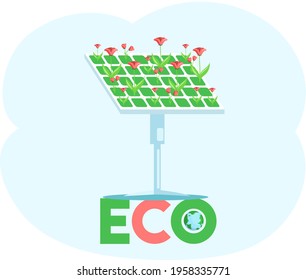 Solar panel with different coniferous trees. Production of electricity without harm to environment