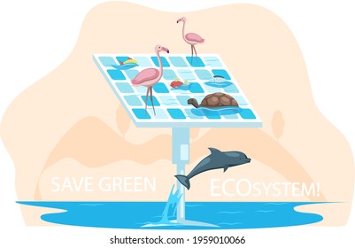 Solar panel with different sea creatures. Creation of eco friendly energy. Save ecosystem concept