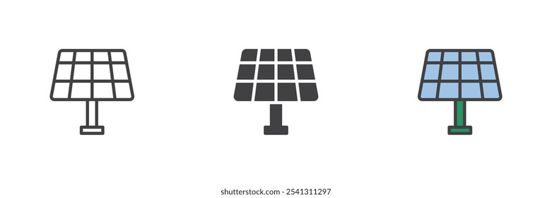 Solar panel different style icon set. Line, glyph and filled outline colorful version, outline and filled vector sign. Solar battery symbol, logo illustration. Vector graphics