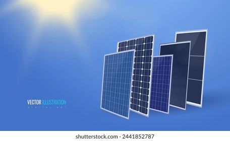 Panel solar de diferentes tipos con un fondo soleado. Tipos de baterías solares: monocristalinas, policristalinas, de película fina - conceptos de energía verde alternativa. Ilustración de vector