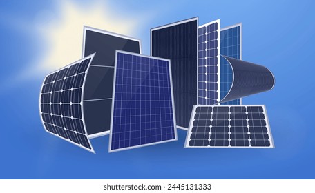 Panel solar de diferentes tipos de fondo soleado. Tipos de baterías solares: monocristalinas, policristalinas, de película fina - conceptos de energía verde alternativa. Ilustración vectorial