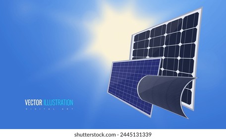 Solar panel of different types a sunny background. Main types of solar panels: monocrystalline, polycrystalline, thin-film - concepts of alternative green energy. Vector illustration