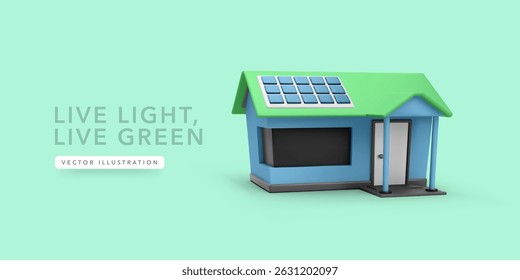 Solar Panel Eco House Promoting Clean Energy, Renewable Power, and Sustainable Architecture in a Minimal 3D Style. Perfect for Green Technology Projects. Vector Illustration.