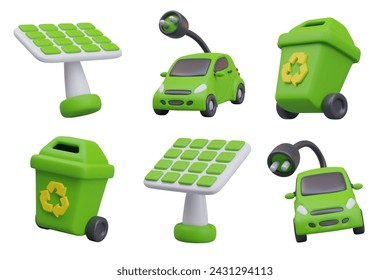 Solar panel, electric car with plug, garbage can with recycling symbol