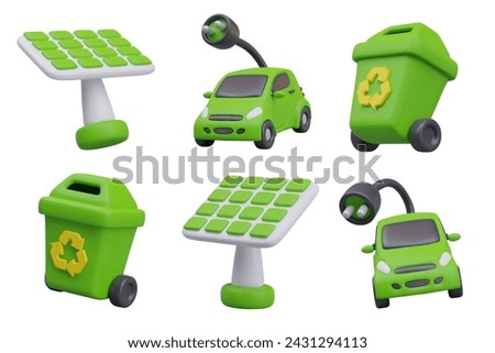 Solar panel, electric car with plug, garbage can with recycling symbol